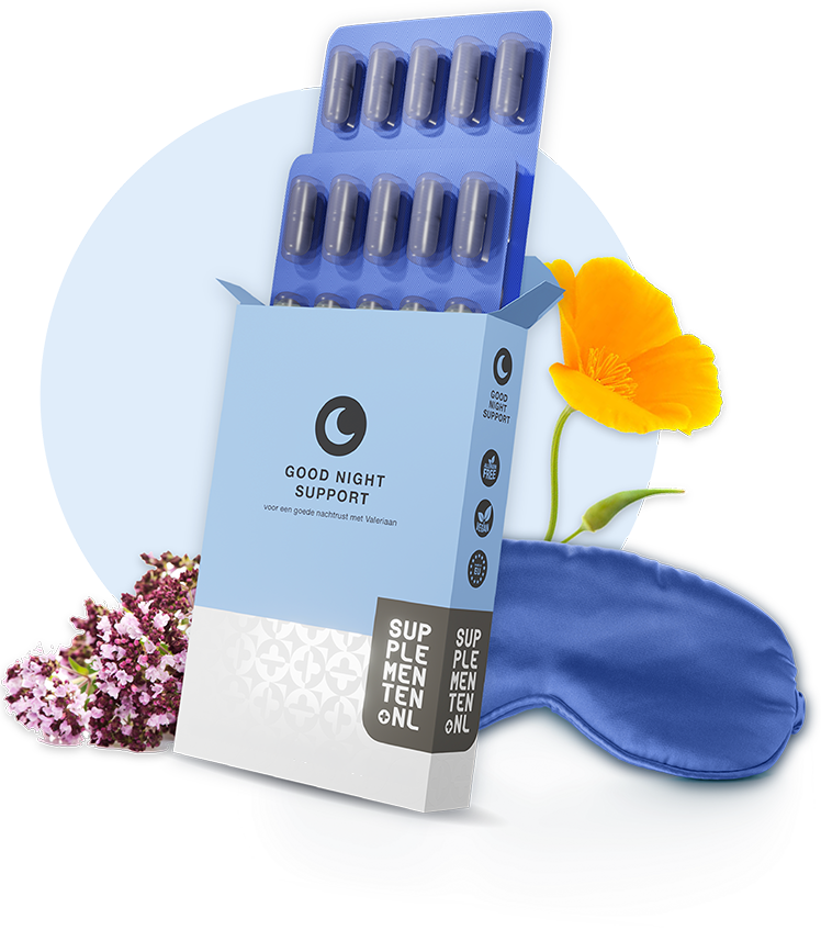 Good Night Support verpakking met capsules, slaapmasker en bloemen